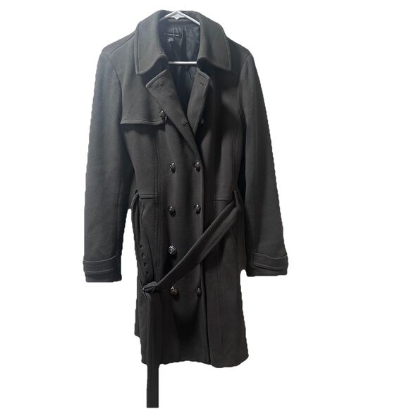 INC Pea Coat Womens Large Green Midi Trench Coat Jacket Tie Cotton Classic Warm - Picture 1 of 7